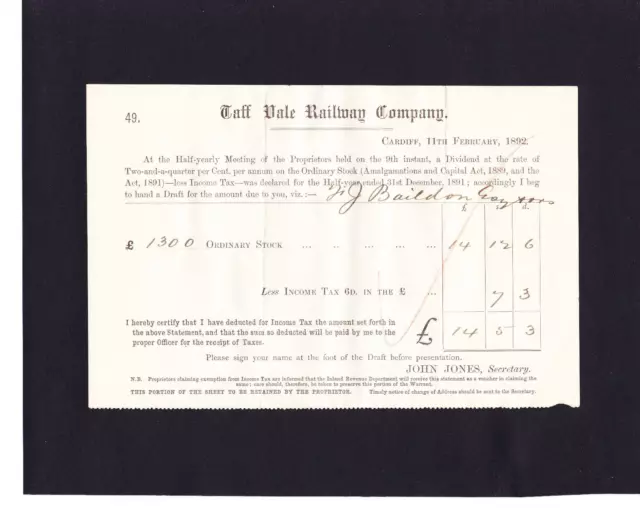 Taff Vale Railway Company Railway Share Dividend Receipt Certificate 1800's