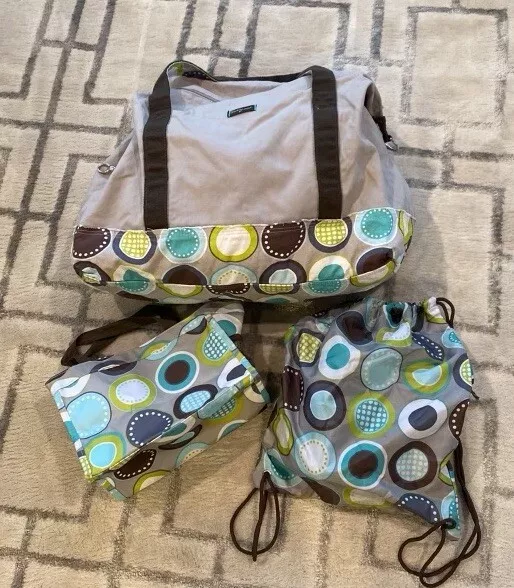 Thirty-One 3 pieces  retro weekender, string pack &  mini  tote in minty chip