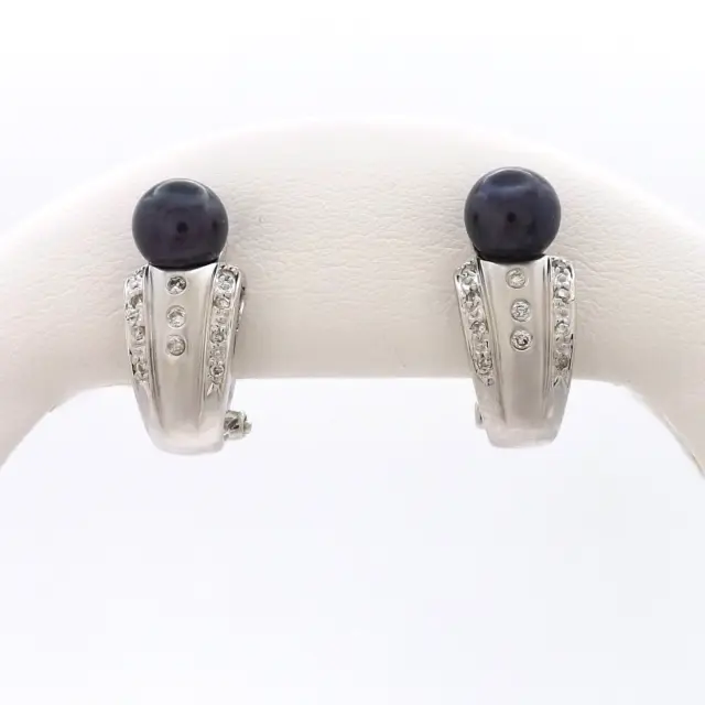 18K White Gold Black Pearl Diamond Earrings Omega Back