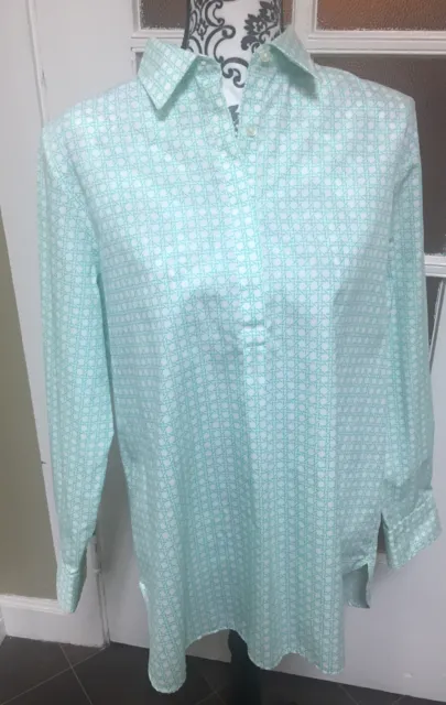 Lands' End Women's Long Sleeve Button-Down Tunic Pale Turquoise Print  12￼￼ NWT