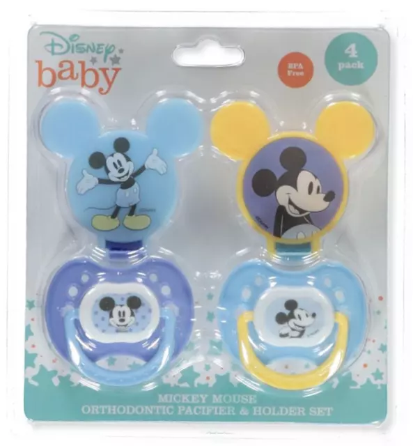 Disney Baby Boys' 4-Pack Mickey Mouse Pacifier & Holder Set