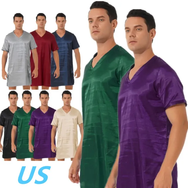 US Mens Satin Nightshirt Short Sleeve V Neck Sides Split Pajamas Robes Sleepwear