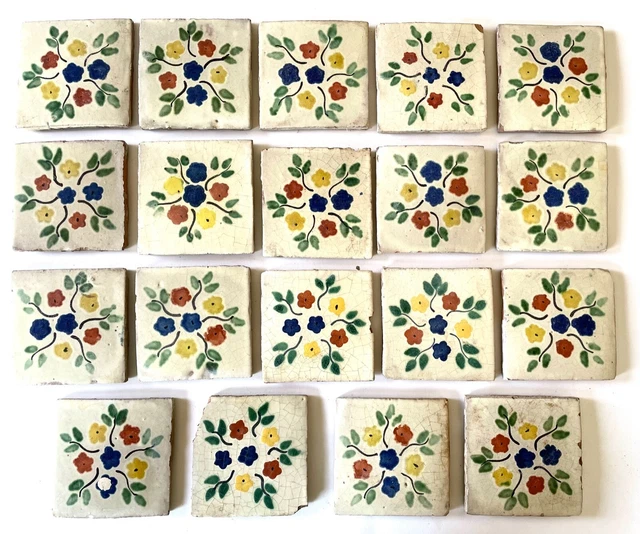 Vintage Mexican Tile Lot of 19 Hand Painted 4" Very Old Architectural Salvage
