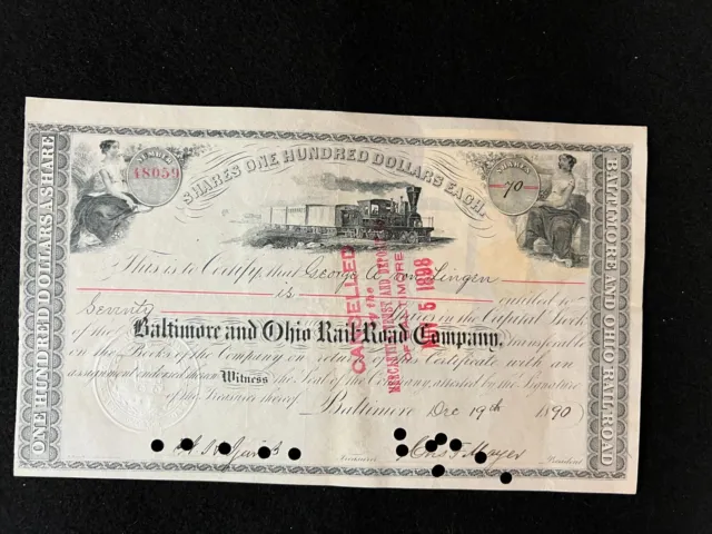 1890 Baltimore and Ohio Railroad Company Stock Certificate
