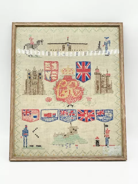 Antiker Tandwandteppich King George V Krönung Gerahmt Königliches Sammlerstück