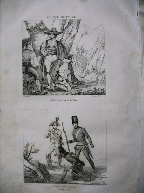 gravure ancienne XIXe FRANCE MILITAIRE barbets Nice troupes autriche croatie