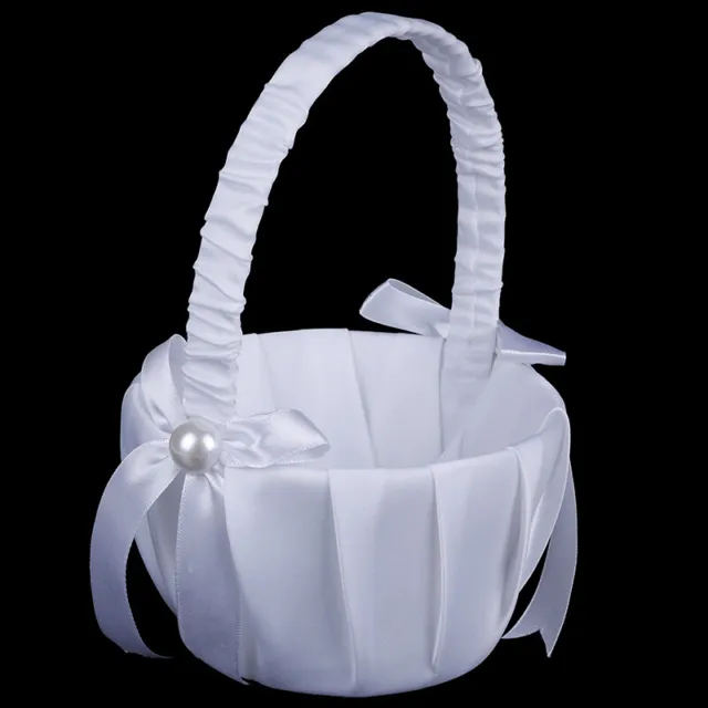 White Satin Beaded Wedding Flower Girl Basket Bowknot Decor NTJW  GF ZSY