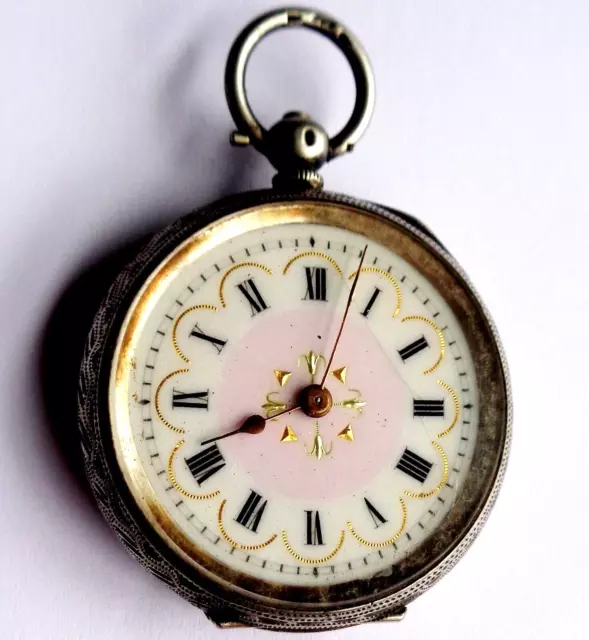 Antique Silver Ladies Pocket Watch Working,Enamel Dial.Chased / Engraved Case.