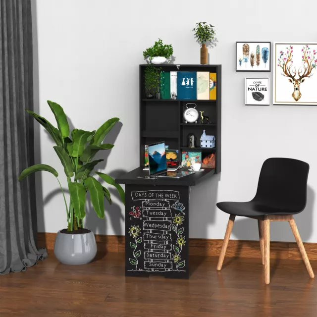 Folding Wall-Mounted Drop-Leaf Table w/Chalkboard Shelf Multi-Function Black