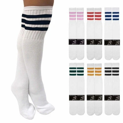 1 Paire Coton 3 Rayure Hauteur Genou Tube Chaussettes Old School 24 " Foot