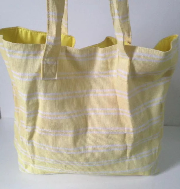 NEW! BP Beach Tote Bag 2 Handles Yellow White Stripe Magnet Close Pockets Lined