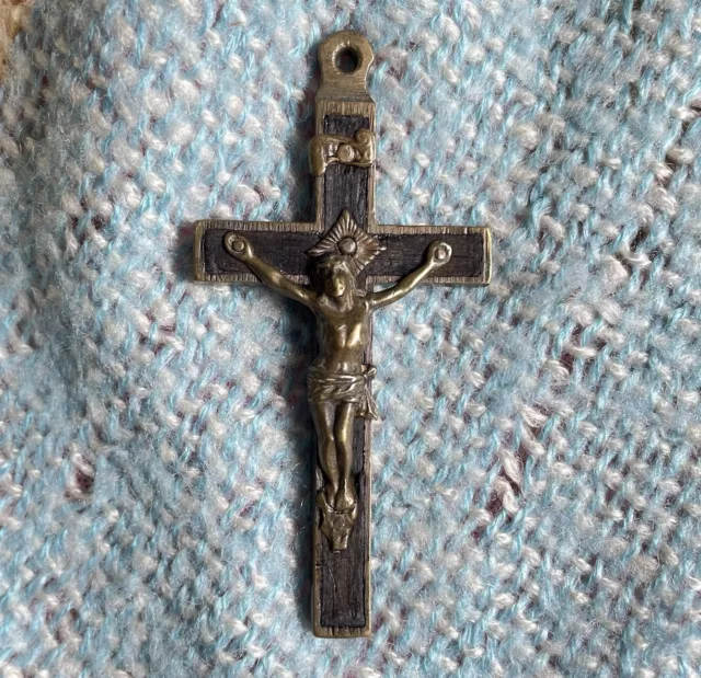 Antique French pectoral cross inlaid Ebony wood 3” Silver Crucifix Black Pendant