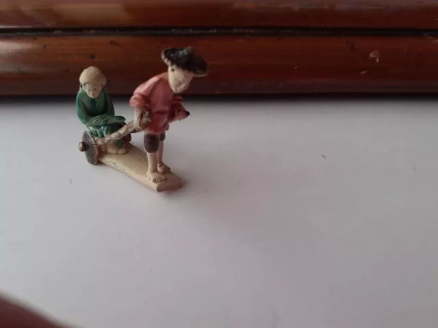 Miniature Chinese Mudman Figurine Tiny Bonsai Ornament RARE Female In Rickshaw