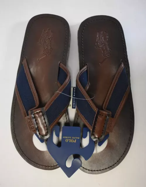 Polo Ralph Lauren Men's Brown/Blue Leather Flip Flop Sandal Slides 11 D