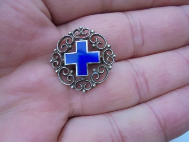 Antique Nurses Enamel Blue Cross & 800 Silver Badge Unknown Maker / Country