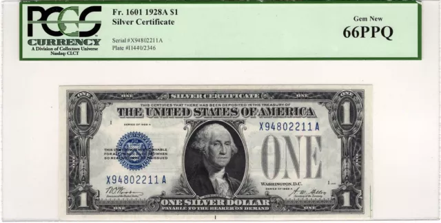 $1 1928-A Silver Certificate Fr#1601 Funnyback PCGS Currency Gem New 66PPQ