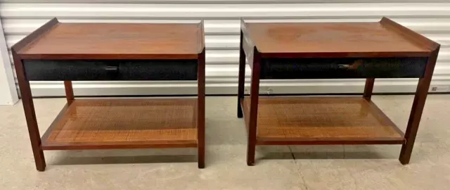 Pair 1960's Founders Furniture End Tables - Walnut with Cane Magazine Shelf