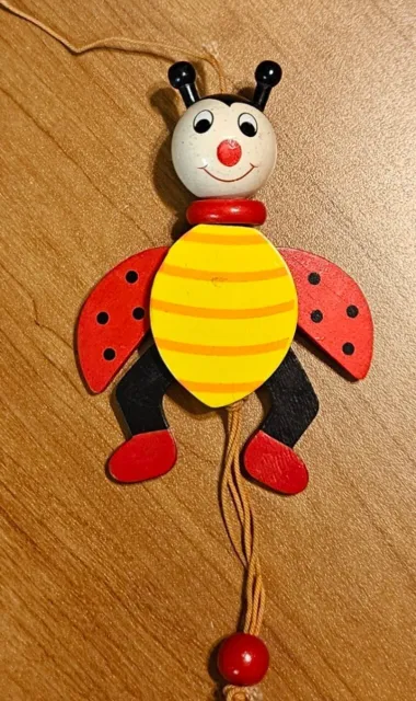 Colorful Wood Ladybug Pull String Movement Toy Collector Decorative 4.5" Tall