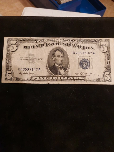 1953 $5 Five Dollar Blue Seal Silver Certificate  - Circulated C43597147A