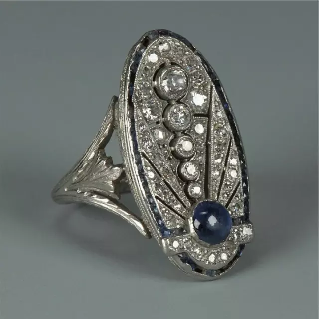Art Deco Sapphire Blue & Silver Cocktail Statement Ring large oval vintage style