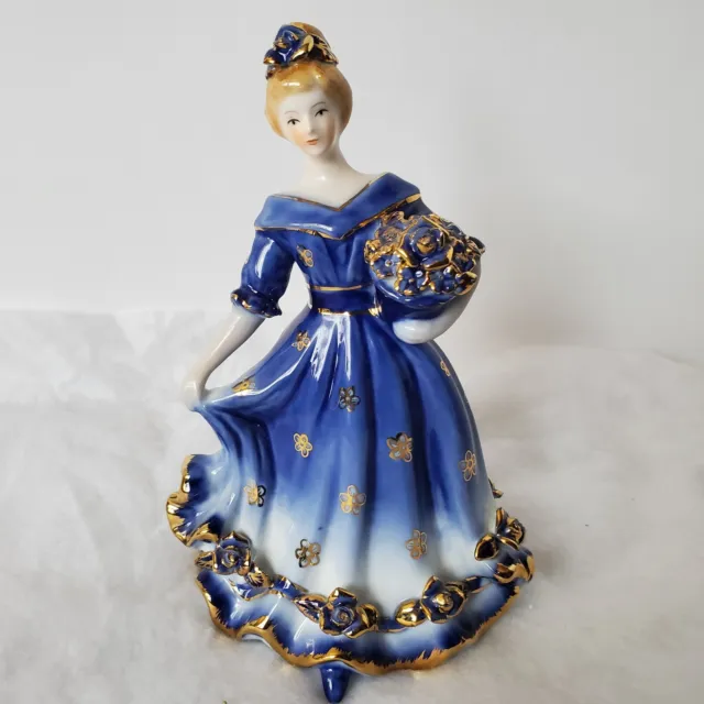 Porcelain Figurine Lady Cobalt Floral Dress With Gold Trim  KPM Berlin Germany