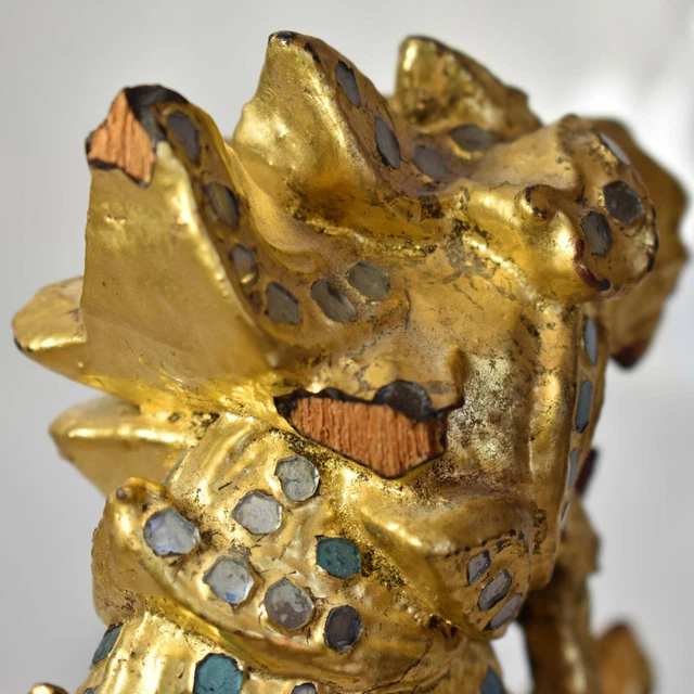 Early 20thC Burmese Gilt Wood Guardian Lion /Foo Dog "Chinthe" -Thayo Decoration 11