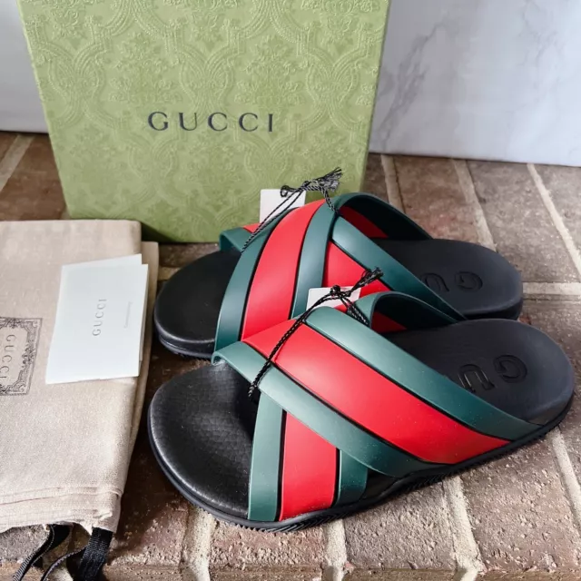 Gucci Agrado Rubber Web Stripe Slides Sandals Black EU 37 US 7 *Authentic