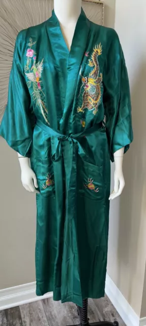 ESME Vintage Emerald Green Silk Robe + Tie Embroidered XL Kimono Pockets Chinese