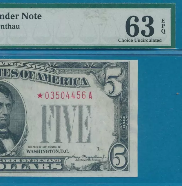 $5.00 1928-B Star  Red Seal Legal Tender Pmg  Ch. New 63Epq  United States Note