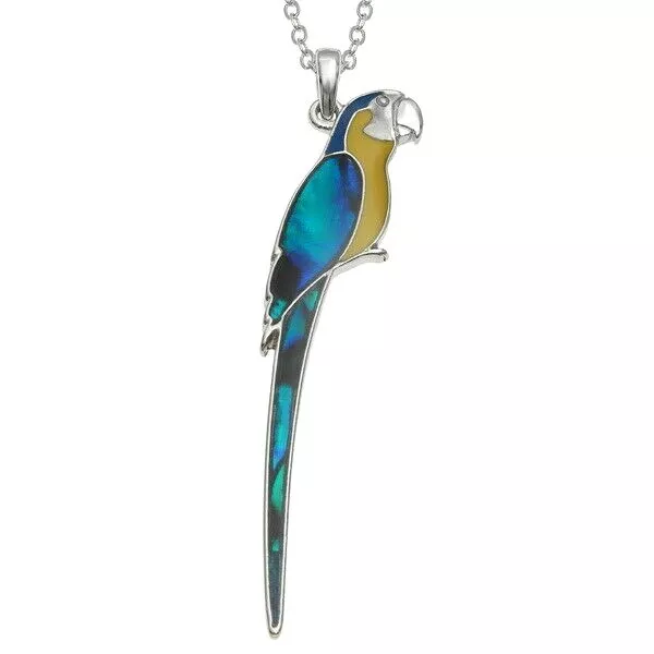Blue Macaw Parrot Silver Necklace Pendant Paua Abalone Shell with Gift Box