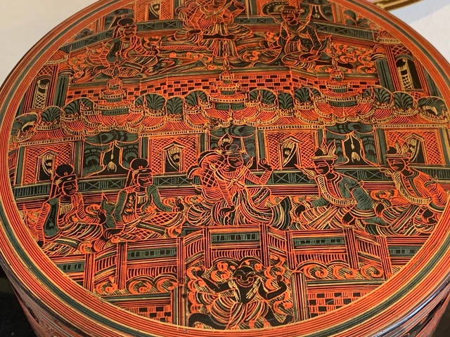Antique Burmese Asian Bamboo Red Lacquer Food Stacked Boxes with Painted Scenes 2