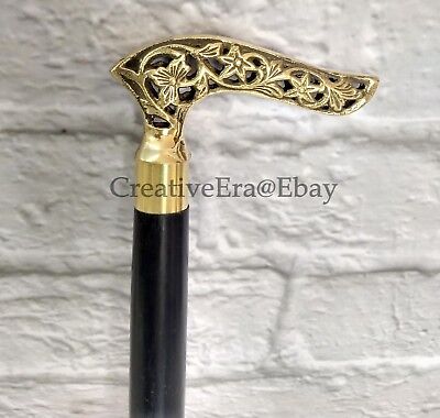 Victorian Wolf Handle Antique Walking Stick Black Wooden Brass Inlaid Cane Gift