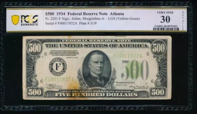 AC 1934 $500 FIVE HUNDRED DOLLAR BILL Atlanta LGS PCGS 30 details