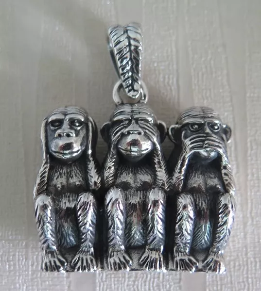 Japanese Mizaru Three Wise Monkey Sterling 925 Silver Pendant