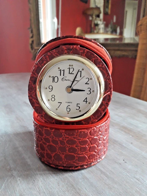 Réveil De Voyage Charles Leman – Or, étui Peau De Crocodile, Quartz Vintage (fonctionne)