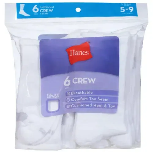 Hanes Crew Socks 6-Pack Women's Cool Comfort Ext Sizes 8-12 Cushioned Value