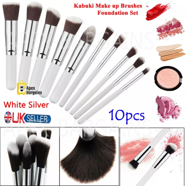 10pcs Kabuki Make up Brush Set Brushes Blusher Face Powder Brush White & Silver