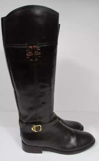 Tory Burch ELOISE Equestrian Knee High Tall Riding Boots Sz 8.5M Gold Logo Brown