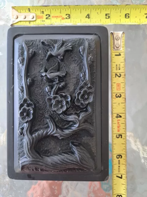 Japanese Chinese Vtg Black Stone Ink Box, Hand Carved With Birds And Flowers