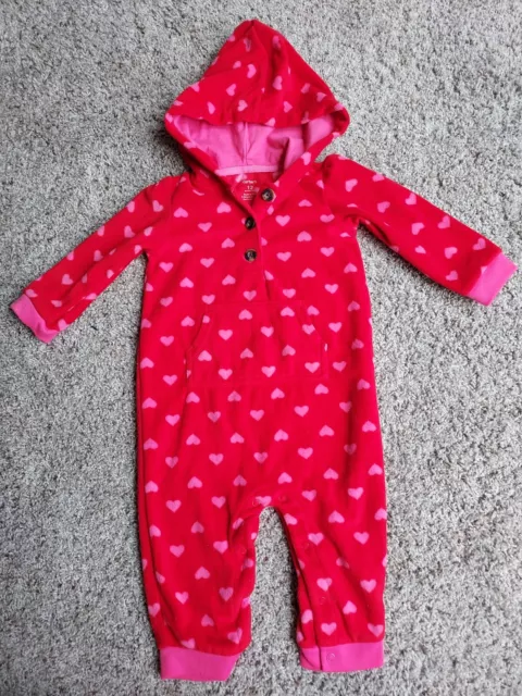 Carter's 12 Month Red Fleece Hooded Romper Jumpsuit 12 Months Baby Girl Hearts