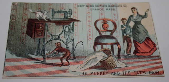 Victorian TRADE CARD. NEW HOME Sewing Machine Monkey and cat paws Northfield VT Victorian TRADE CARD. NEW HOME Sewing Machine Monkey and cat paws Northfield VT
