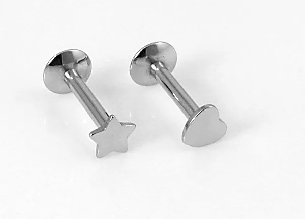 2 Flat Top Star & Heart Labret / Ear Internally Threaded 16g - 6mm 8mm 10mm #SH