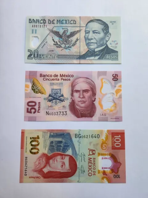 Banknotes Mexico Set W/3 Pieces 20, 50, 100 Pesos (Polymer) Uncirculated!!!