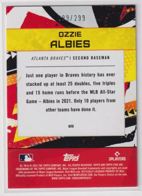 OZZIE ALBIES 299/299 Bookend Orange 2022 Topps Fire #65 Atlanta Braves 2