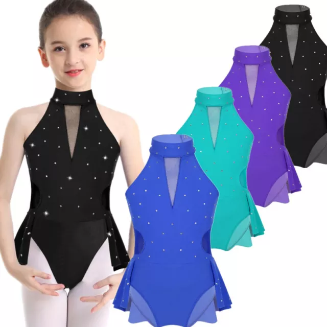 DE Mädchen Tanz Trikot Ballettanzug Ärmellös Strass Tanzkleid Modern Latein