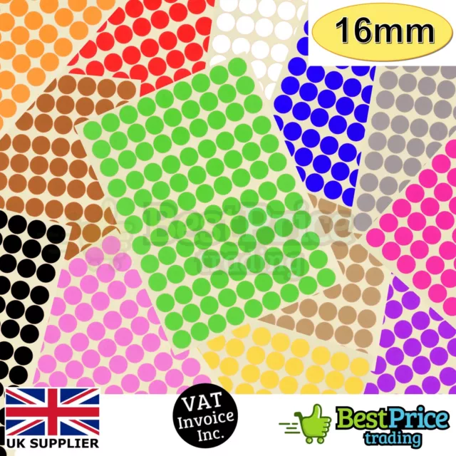 216 x 16mm Coloured DOT STICKERS Round Sticky Adhesive Spot Circles Paper Labels