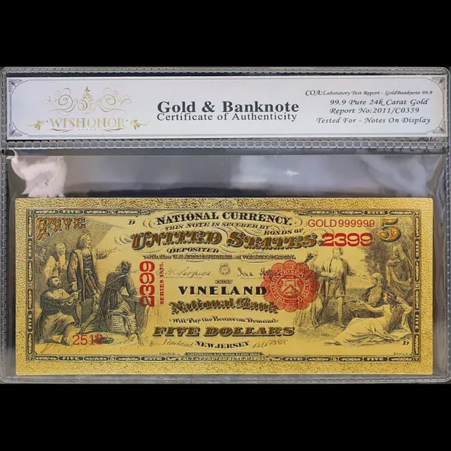 Gold 1875 $5 Five Dollars Banknote Type 1 Collectible with Bag & Certificate