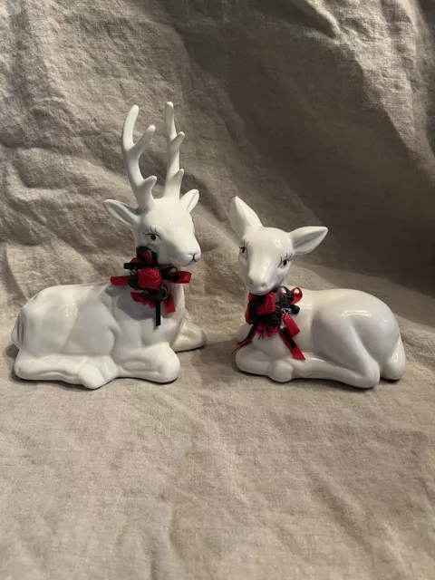 Pair of White Glazed Ceramic Reindeer Christmas Figurines Holiday Decor Big Eyes