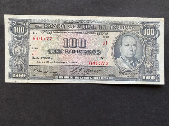 BOLIVIA, 1945, Billete Banco Central de Bolivia, 100 BOLIVIANOS, Serie J1, UNC