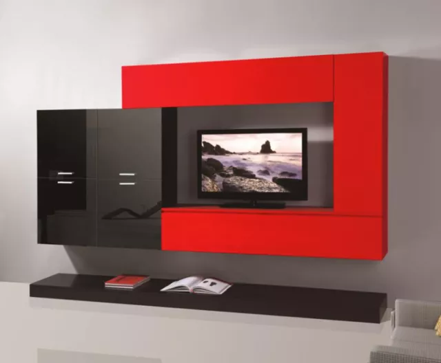 Mobile Soggiorno Parete Attrezzata Mdf Rosso E Nero L.300 Cm Moderna Laccata Tv5